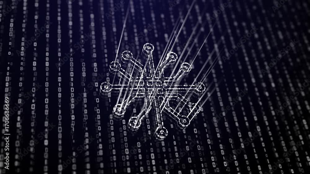 Poster abstract white glowing microchip on a digital data grid, perfect for clean and modern tech presentat
