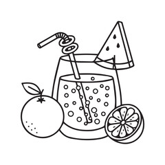 Summer fruit juice icon with watermelon and orange garnish, refreshing cold beverage line art vector
