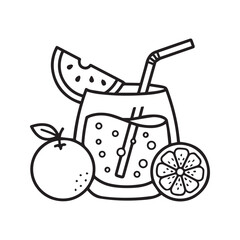 Summer fruit juice icon with watermelon and orange garnish, refreshing cold beverage line art vector
