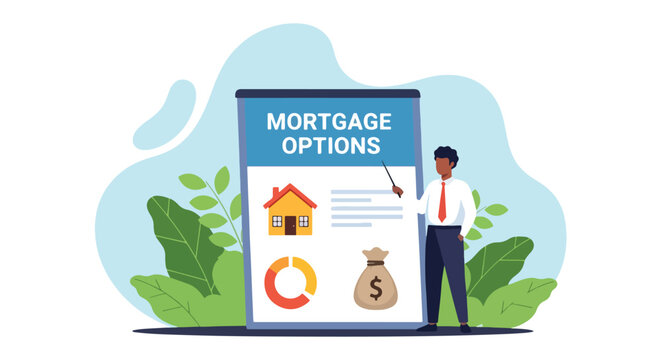 Flat illustration of a real estate agent explaining a mortgage plan with home, money bag, and financial options, symbolizing housing loans, investment strategies, and property ownership planning