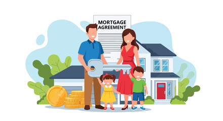 Flat illustration of a happy family holding a house key in front of a new home with mortgage agreement and coins, symbolizing real estate purchase, homeownership, savings, and financial planning