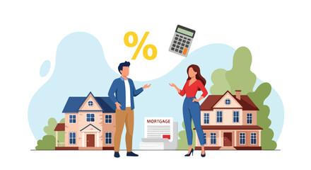 Flat illustration of a couple discussing mortgage agreement with houses, coins, interest rate, and calculator, symbolizing home loan planning, real estate investment, property purchase, and financial