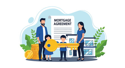 Flat illustration of a happy family holding a house key in front of a new home with mortgage agreement and coins, symbolizing real estate purchase, homeownership, savings, and financial planning