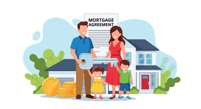 Flat illustration of a happy family holding a house key in front of a new home with mortgage agreement and coins, symbolizing real estate purchase, homeownership, savings, and financial planning