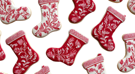 Festive Christmas stockings.  Red and white sugar cookies, decorated to resemble Christmas stockings, with a floral design