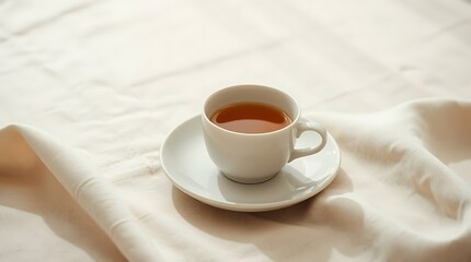 Elegant cup of tea on white silk cloth, perfect for a relaxing morning ritual or wellness concept imagery