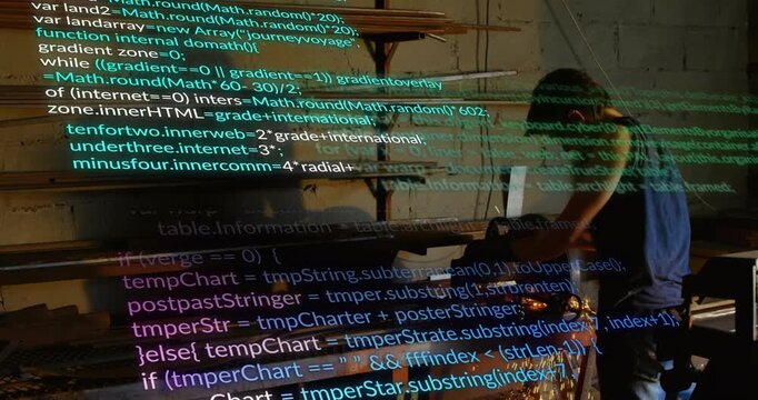 Tradesman activating grinder producing sparks while code overlay streaming metal fabrication data