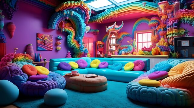 Vibrant chromatic living room interior with fantasy decoration and surreal aesthetics showcase - Powered by Adobe