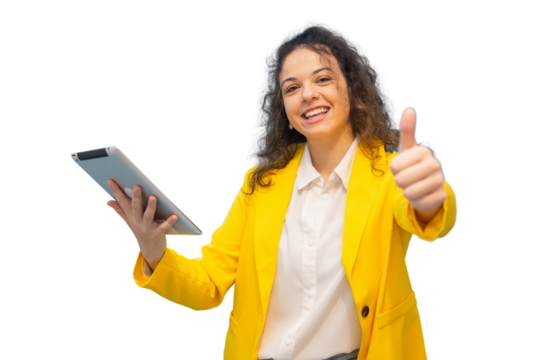 Cheerful businesswoman in yellow jacket holding digital tablet and gesturing thumbs up, isolated on transparent background