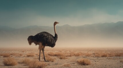 Naklejka premium Ostrich in a vast, arid landscape with distant mountains under a hazy, muted sky