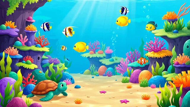 A vibrant cartoon illustration of an underwater world with a cheerful sea turtle swimming among colorful fish and coral reefs