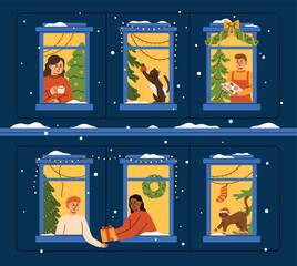 Christmas windows, people in festive homes. Winter holiday in a decorated cozy home. Happy people celebrating Christmas. Flat vector illustration.