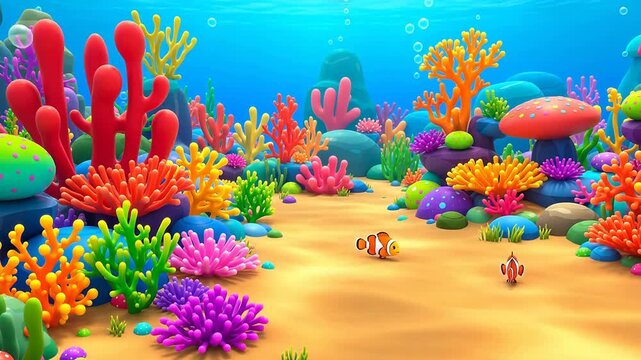 Vibrant cartoon underwater world with a colorful coral reef and two swimming anemonefish
