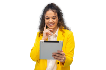 Professional businesswoman wearing bright yellow jacket, working on digital tablet, displaying confidence and modern workplace energy