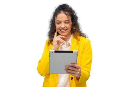 Professional businesswoman wearing bright yellow jacket, working on digital tablet, displaying confidence and modern workplace energy