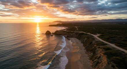Coastal Scene at Sunset with Beach and Waves