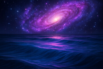Vibrant purple and pink galaxy reflected in calm dark blue water under night sky