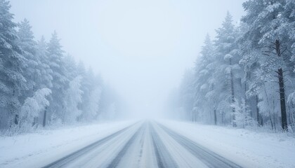 Winter Road Through Snowy Forest Landscape