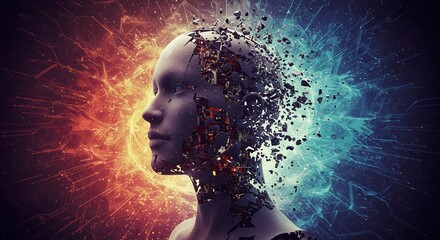 崩壊する頭部 炎と氷の対照的な光 抽象的デジタルアート. AI Generated