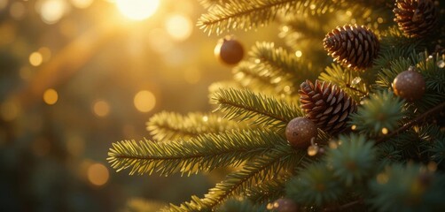 Sunlit Evergreen Boughs and Natural Cones, Bokeh Background, Golden Light Photography