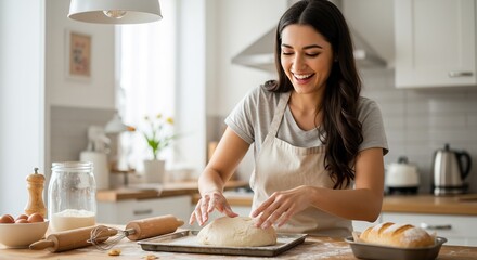 幸せ笑顔 輝くキッチン パン生地捏ねる女性. AI Generated