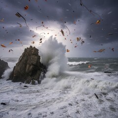 Ocean Waves Crashing Against Rock Formation During Stormy Weather