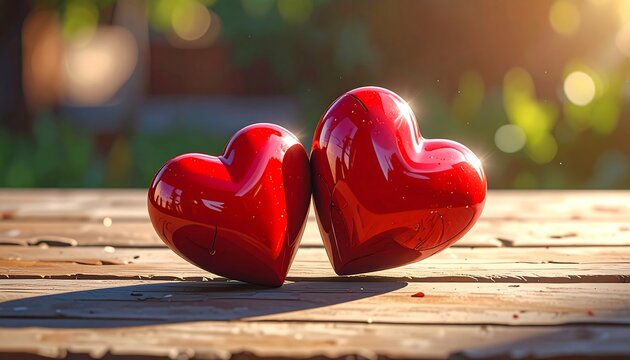 Two red hearts on a wooden table, bathed in warm sunlight - Powered by Adobe
