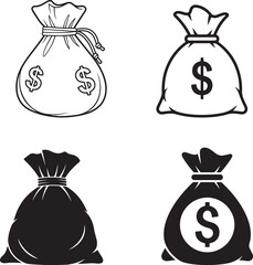 Set of Money Bag Icons in Outline and Silhouette Styles