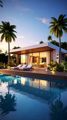 Fototapeta premium Tropical luxury villa by a pool at sunset