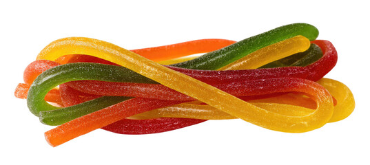 Colorful, tangled, chewy candy strands in red, orange, yellow, and green