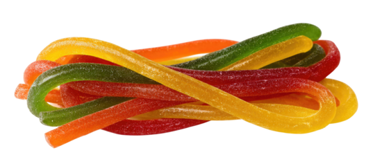 Colorful, tangled, chewy candy strands in red, orange, yellow, and green