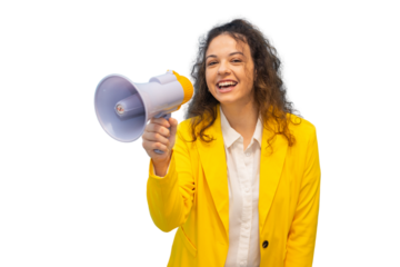 Confident businesswoman speaking through megaphone, energetic professional communication with dynamic pose against transparent backdrop