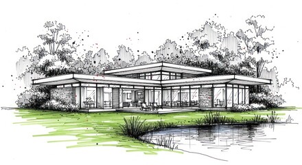 Modern House Architecture Sketch Near Pond