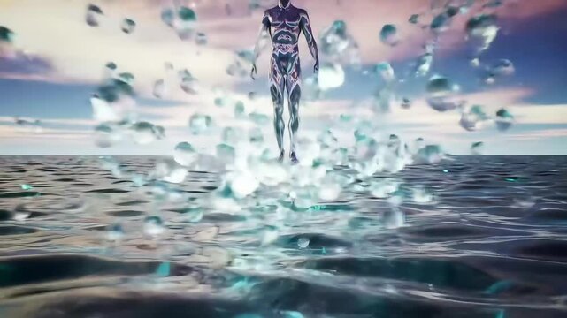 Futuristic Liquid Metal Cyborg Rising from the Ocean
