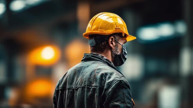Medium shot of a worker wearing a sturdy helmet sharply focused against a blurred industrial backdrop highlighting essential head protection for machinery operation.