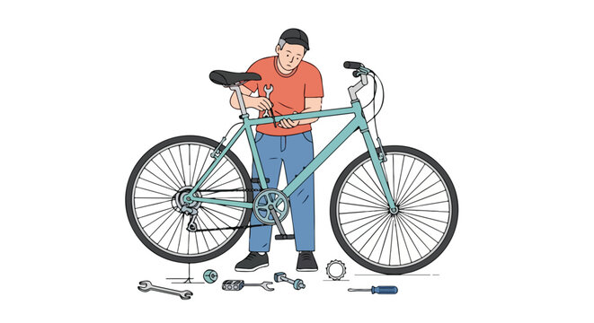 Illustrative depiction of a man in casual wear carefully repairing a bicycle with tools scattered around it against a white backdrop