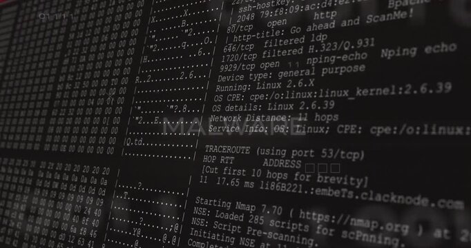 Dark circuit initiating title morphing from MALL to MALWARE as Nmap scan scrolling revealing ports