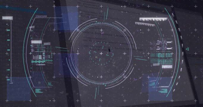Futuristic HUD activating with rotating ring morphing, sweeping bars revealing code editor for boot
