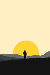 Man Silhouette at Sunrise on Mountain – Adventure, Journey and Landscape Vector Illustration
