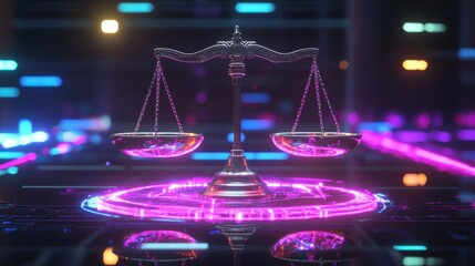 Metallic scales of justice in a futuristic setting.