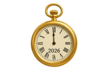 Golden pocket watch showing almost midnight and 2026 year on transparent background