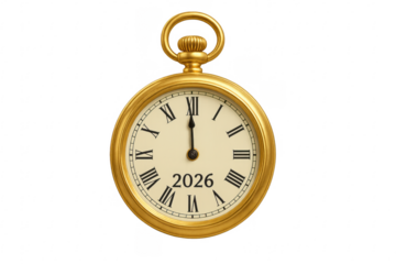 Golden pocket watch showing almost midnight and 2026 year on transparent background