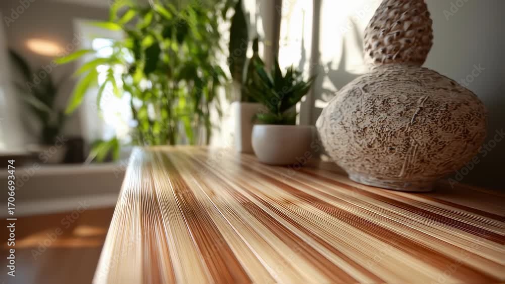 Poster detailed view of a modern bamboo coffee table surface in sharp focus contrasting with blurred natura