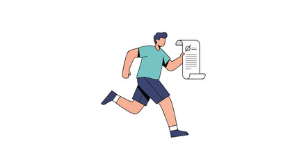 Energetic man running with important document in hand, deadline urgency presented, flat design, isolated