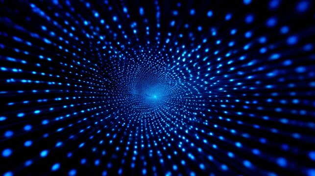 Bright abstract tunnel with glowing blue lights, sparkling bokeh particles and infinite depth, futuristic neon illumination creating digital sci fi background of modern virtual technology