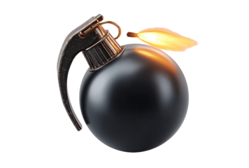 Close-up of a dark, round hand grenade with a lit fuse