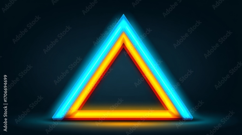 Poster glowing orange neon triangle frame with gradient light effect on dark black background, futuristic i