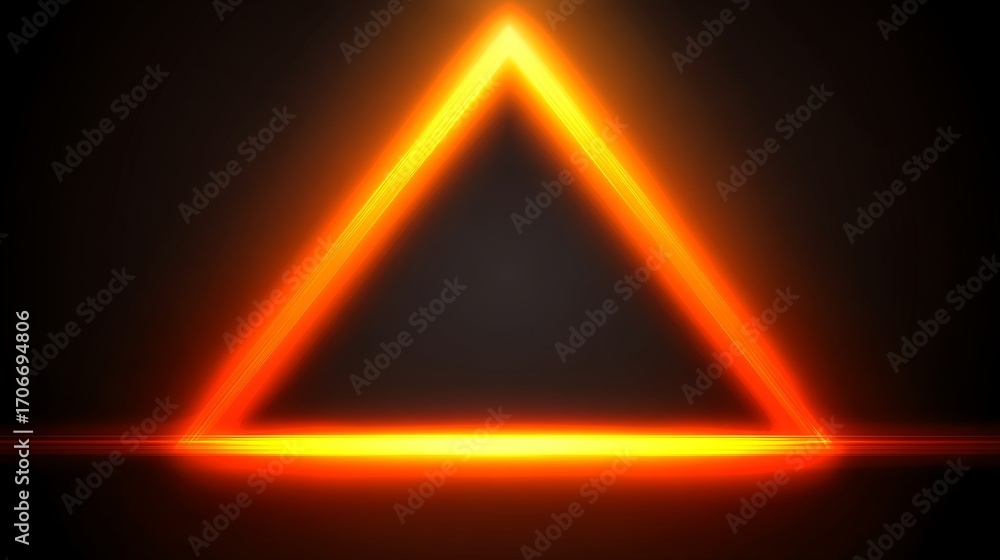 Poster glowing orange neon triangle frame with gradient light effect on dark black background, futuristic i