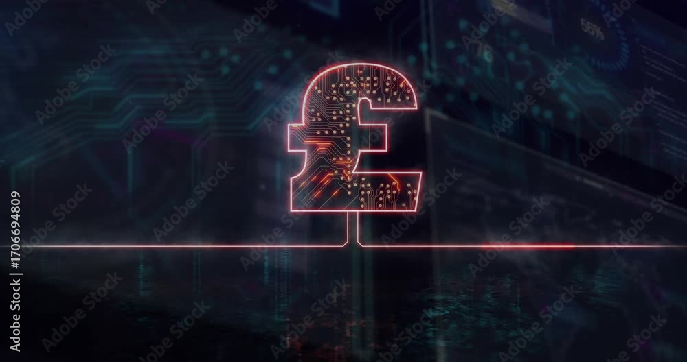Poster emerging circuitry pound sign drawing glowing line pulsing circuits showing finance connectivity