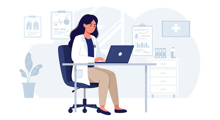 Doctor Working on Laptop in Office Stock Photo